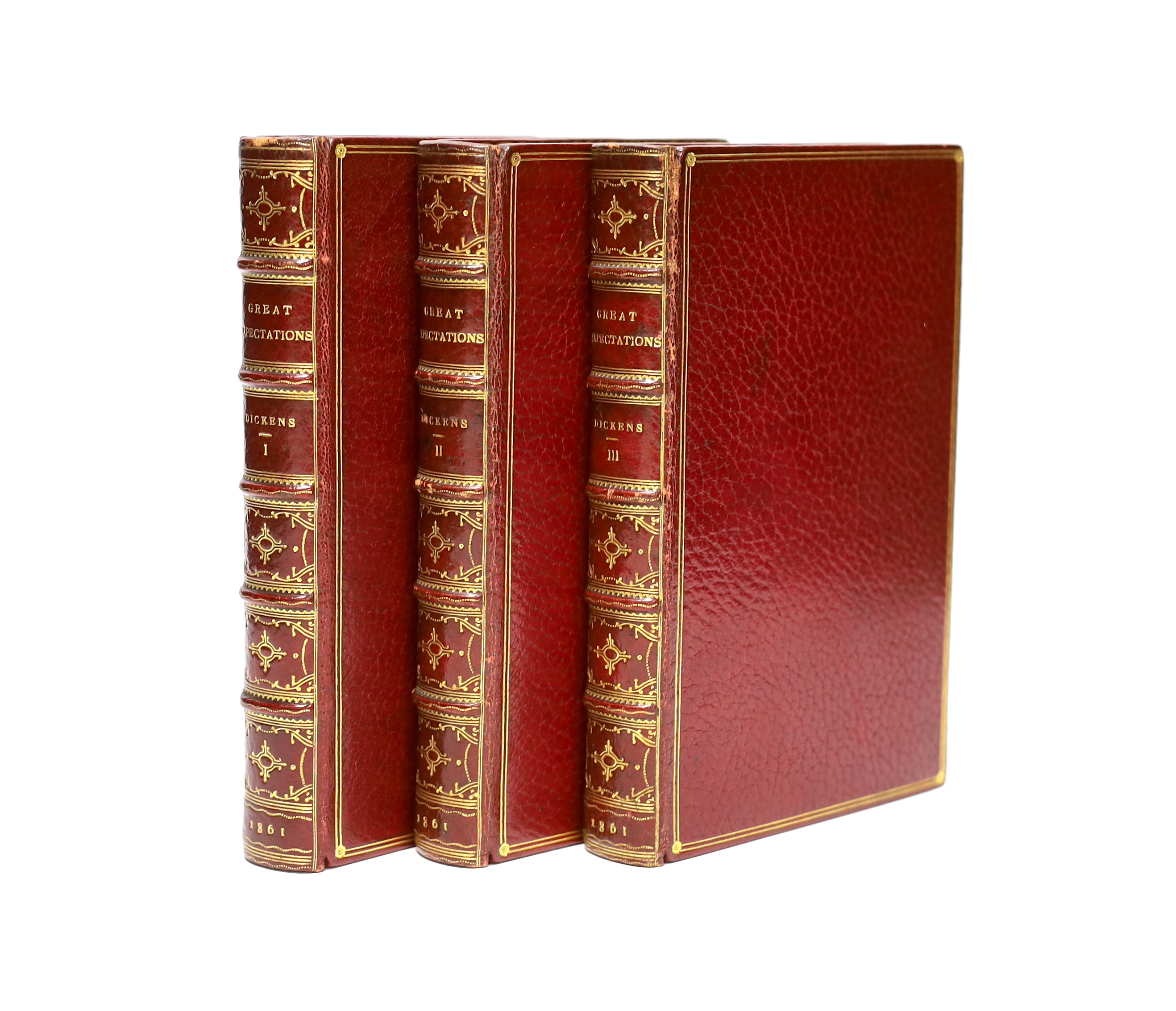 Dickens, Charles - Great Expectations, 3 vols, 1st edition in book form, 1st issue with no edition statements on title-page, crown 8vo (187 x 115mm.), in fine mid 20th century gilt-ruled red levant morocco bindings, gilt